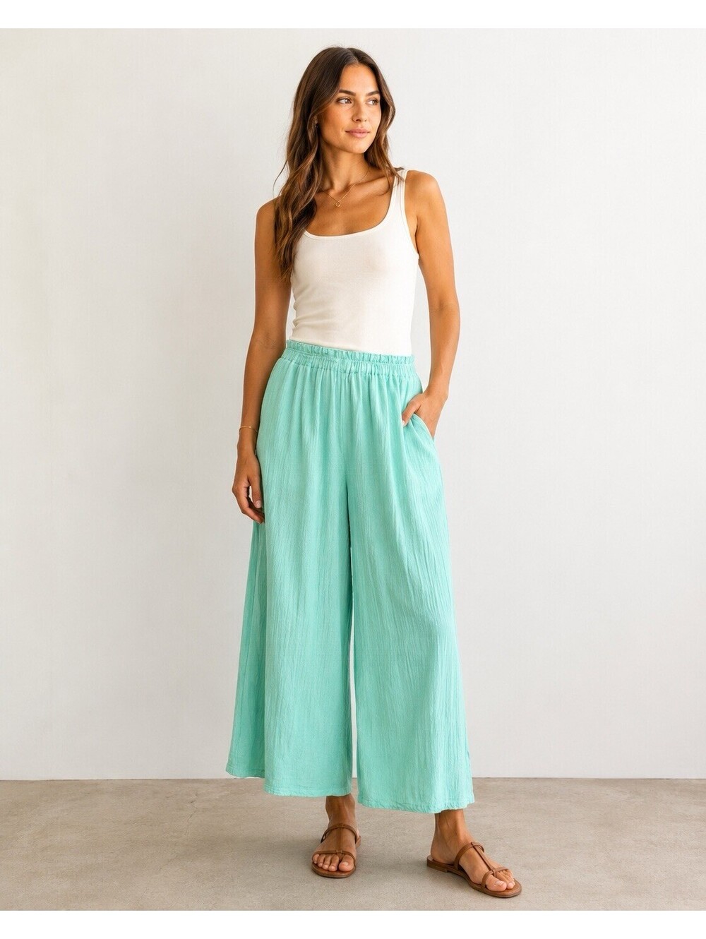 Oh My Gauze! Slit Wide Leg Cotton Lagenlook Pants Mint Green Women's 1 (S/M)